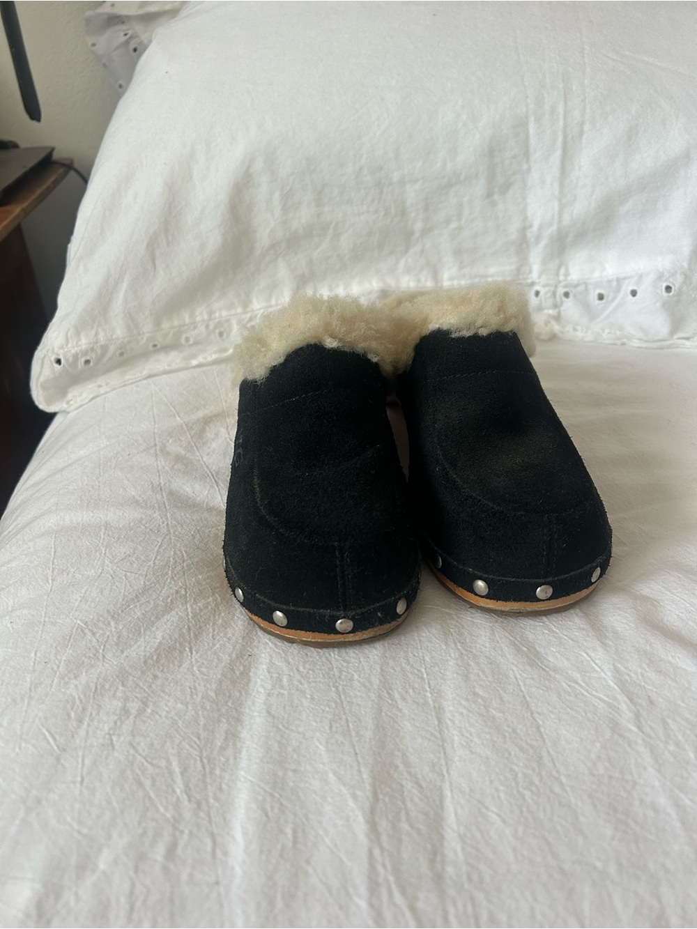 UGG Black Suede Shearling-Trim Clog Mules